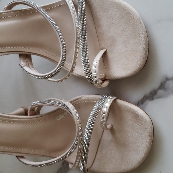 Vivianly Open Round Toe Rhinestone Straped Heeled Slide on Sandals in Nude SZ 8 - Picture 3 of 9